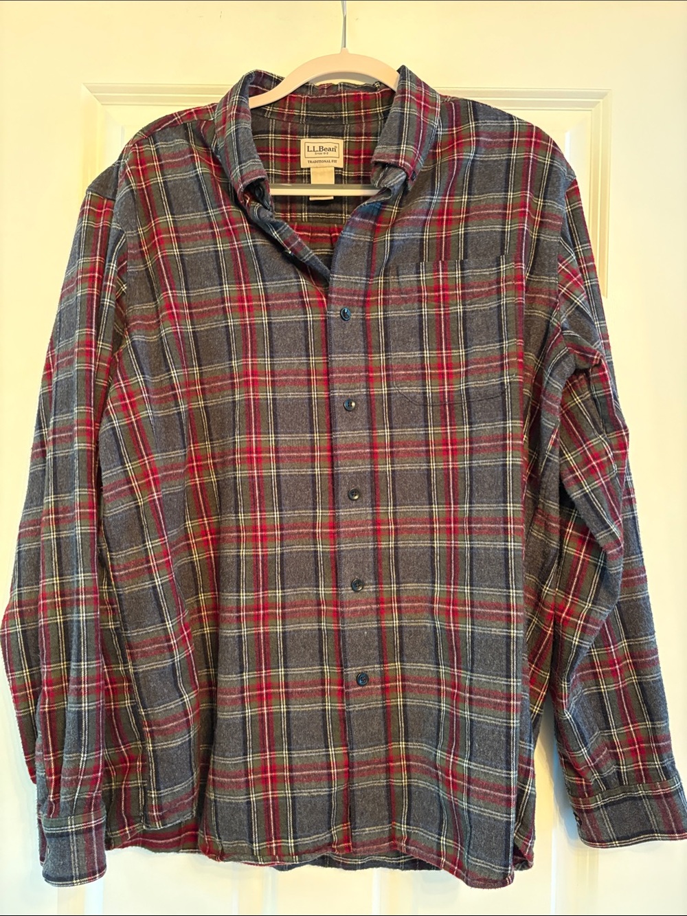 L.L. Bean Men's Large Flannel Red and Gray Plaid Button-Down Shirt
